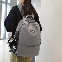 IRD双肩包男休闲初中高中生大容量背包大学生纯色书包收纳旅行包 灰色 猴子挂件