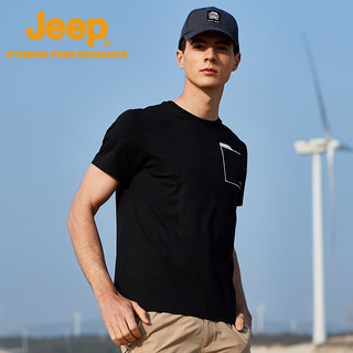 Jeep（吉普）时尚男装夏季新品百搭舒适短袖t恤男户外圆领防晒UPF50+上衣男 品牌黑 L/175