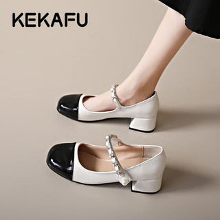 珂卡芙（KEKAFU）单鞋女粗跟增高浅口一字带玛丽珍鞋女2023夏季新款气质甜美女鞋 白色 37标准码
