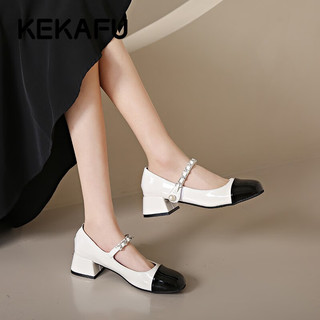 珂卡芙（KEKAFU）单鞋女粗跟增高浅口一字带玛丽珍鞋女2023夏季新款气质甜美女鞋 白色 37标准码