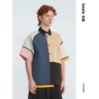 bosie2023年夏季新款短袖衬衫男情侣拼接撞色设计户外感短袖衬衫 藏蓝色 XL