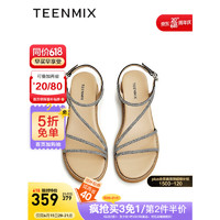 天美意（TEENMIX）女鞋凉鞋女夏季2023夏新款商场同款细带坡跟简约 黑色 38