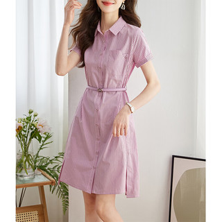 梵希蔓2023夏季新款短袖条纹衬衫裙收腰显瘦翻领连衣裙 M1211 粉色条纹 L