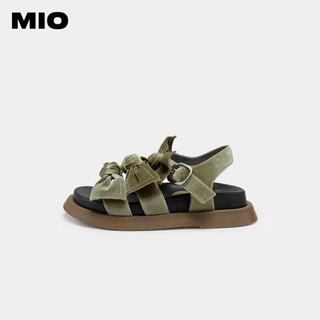 MIO2023夏季纯色低跟厚底凉鞋复古丝绒蝴蝶结时尚休闲沙滩鞋 金色 34
