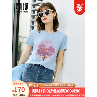 颜域（YANYEE）2023新款抽象印花时尚减龄棉T恤女夏季简约百搭休闲短袖上衣 蓝色 L/40