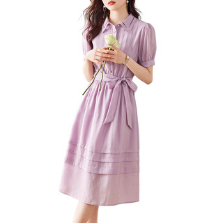 梵希蔓紫色短袖翻领衬衫连衣裙女夏季新款收腰显瘦百褶通勤气质 V8900 粉紫色 XL