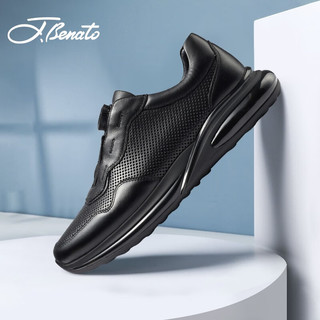 宾度（J.Benato）男鞋男士运动鞋夏季镂空透气舒适轻便品牌休闲皮鞋 黑色 37