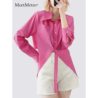 MeetMetro玛依尔纯色衬衫2023夏新款方领设计感不对称开叉衬衣女 绿色 S