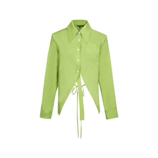 MeetMetro玛依尔纯色衬衫2023夏新款方领设计感不对称开叉衬衣女 绿色 S