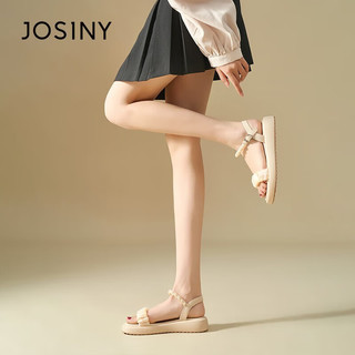 卓诗尼（Josiny）厚底凉鞋女2023年夏季新款一字带女鞋仙女风珍珠度假松糕沙滩鞋女 米白色 35