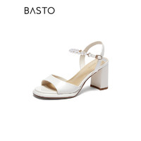 百思图（BASTO）23夏季新款商场仙女风一字带粗高跟女凉鞋MB122BL3 米色 34