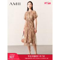 AMII2023夏新款度假风圆领泡泡袖拼网纱印花连衣裙子女法式仙女裙 咖色 155/80A/S