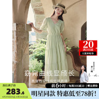 移动端：INMAN 茵曼 法式连衣裙2023夏女装新款V领一字带灯笼袖抽绳裙 水沫绿 M