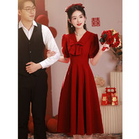 塞德勒（SAIDELE）敬酒服小个子新娘平时可穿日常回门订婚连衣裙红色礼服女夏季法式 酒红色 L (建议106-115斤)