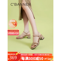 千百度（C.BANNER）女鞋2023年夏季时装凉鞋舒软休闲一字带粗跟羊皮高跟鞋A23315904