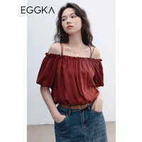 EGGKA 一字肩泡泡袖背心吊带女外穿夏2023年新款设计感小众短款上衣 红色 均码