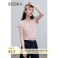 EGGKA 正肩收褶短袖T恤女v领夏季2023年新款设计感纯色短款上衣 粉红色 均码