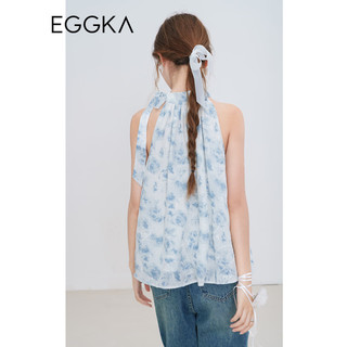EGGKA 碎花挂脖吊带背心女外穿夏季2023年新款设计感小众短款上 蓝色 S