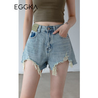 EGGKA 高腰牛仔短裤女显瘦春夏2023年新款设计感小众美式复古裤子 蓝色 M
