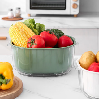 亚思特（YASITE）双层洗菜盆沥水篮厨房家用塑料水果盘客厅水槽滤水菜篓淘洗菜篮子 绿色组合(两个装4.2+5.5L)