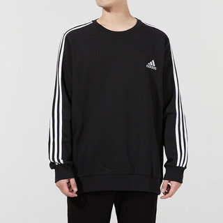 阿迪达斯（adidas）卫衣男装 春秋新款跑步训练运动服圆领套头衫GK9106 GK9106/黑色/内里加绒/三条纹 S