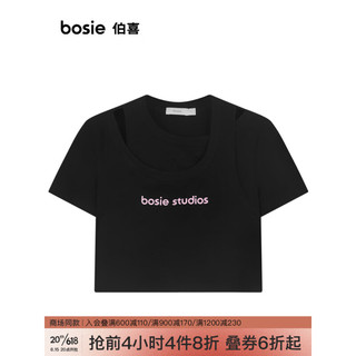 bosie2023年夏季新款短袖T恤女结构截短字母印花T恤 黑色 L