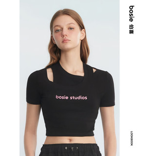 bosie2023年夏季新款短袖T恤女结构截短字母印花T恤 黑色 L