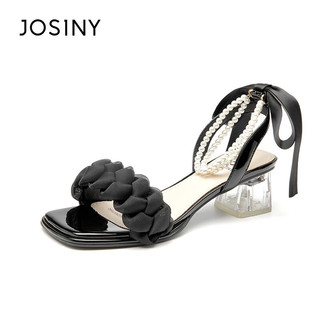 卓诗尼（Josiny）凉鞋女粗跟中跟露趾一字带夏天2023新款法式珍珠水晶鞋仙女风 黑色 34标准码