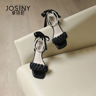 卓诗尼（Josiny）凉鞋女粗跟中跟露趾一字带夏天2023新款法式珍珠水晶鞋仙女风 黑色 34标准码