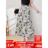 尚都比拉2023夏季新款印花半身裙中长款气质遮胯显瘦通勤百褶裙 杏底黑花 S