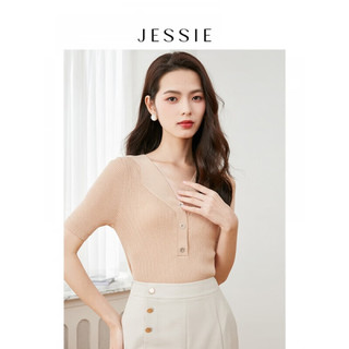 JESSIE设计感V领显瘦竖坑条醋酸针织衫毛衣女23春夏新 驼色 S