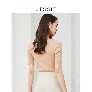 JESSIE设计感V领显瘦竖坑条醋酸针织衫毛衣女23春夏新 驼色 S