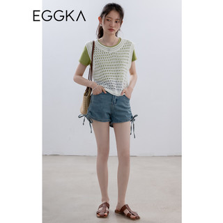 EGGKA 牛仔短裤女高腰春夏季2023年新款小个子复古设计感小众裤子 蓝色 S