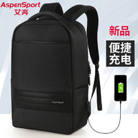 艾奔（ASPENSPORT）新款商务双肩包电脑包大容量旅行包休闲时尚背包 黑色