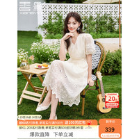 香影（xiangying）v领泡泡袖连衣裙女2023夏装新款米白色镂空刺绣气质法式裙子 米色 XL
