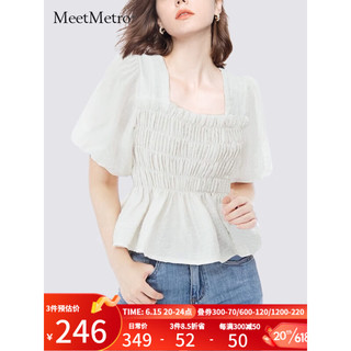 MeetMetro玛依尔2023夏新款方领泡泡袖法式小香风收腰显瘦衬衫女 米白色 M