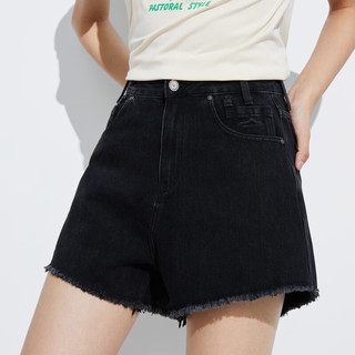 洛可可（ROCOCO）2023夏新品时髦修身显瘦黑色短裤磨毛设计感高腰牛仔短裤女 黑色 M