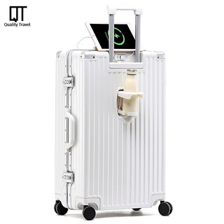QT德国行李箱拉杆箱大容量旅行箱20小型密码箱24飞机航空登机皮箱子 至尊铝框-白色-杯架+USB接口 20寸-短途出行登机箱