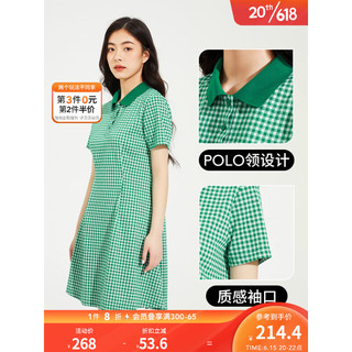 热风2023年夏季新款女士格纹POLO领连衣裙法式复古短裙女A字版裙 36绿格子 M