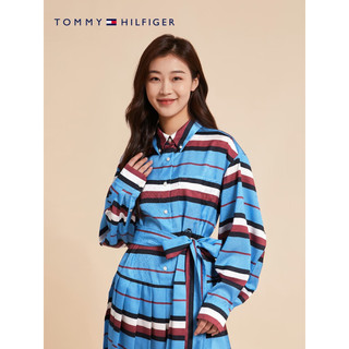 TOMMY HILFIGER 23新款春夏女装条纹系带暗纹提花百褶合身衬衫连衣裙38662 红白蓝条纹C4G 34