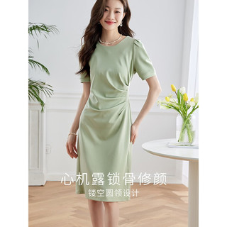 熙世界sllsky设计感收腰显瘦连衣裙女短袖夏季新款通勤收褶纯色气质裙子 豆绿色 XL