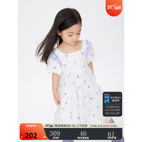 安奈儿童装女小童短袖纯棉连衣裙2023年夏装新款度假风印花泡泡袖裙子 白紫花 90cm