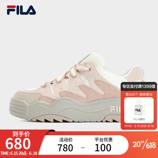 FILA 斐乐 斑斓鞋ROSETTA女鞋板鞋2023秋新款面包厚底鞋复古休闲鞋 奶白/浅粉-GP 36.5