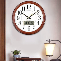 Hense 汉时 客厅挂钟仿实木创意时钟简约日历挂表温度显示石英钟表HW41