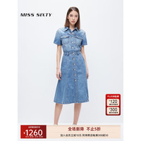 MISS SIXTY2023夏季新款牛仔连衣裙女纯棉短袖衬衫裙复古优雅通勤 蓝色 XS