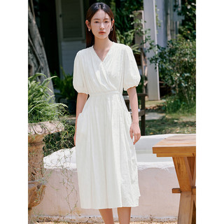 初语白色气质裙子v领短袖连衣裙女2023夏季新款肌理感高腰中长裙 米白色 XL