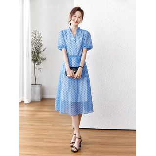梵希蔓短袖茶歇法式长裙夏季蓝色收腰v领波点连衣裙女设计感小众 V9735 浅蓝色 XL