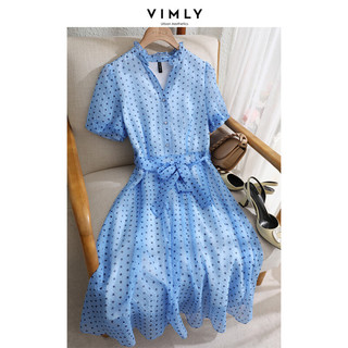 梵希蔓短袖茶歇法式长裙夏季蓝色收腰v领波点连衣裙女设计感小众 V9735 浅蓝色 XL