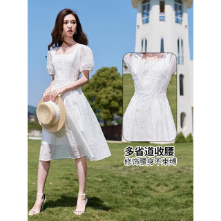 香影白色方领连衣裙女2023夏装新款法式肌理感纯棉高腰泡泡袖裙子 白色 S