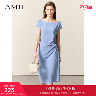 AMII2023夏极简新款乱麻雪纺一字领船领连肩短袖纯色修身连衣裙女 苍蓝 155/80A/S